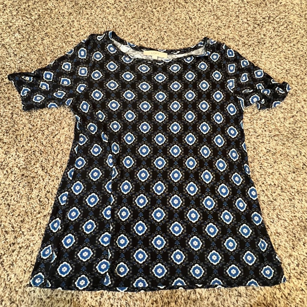 LOFT‎ Womens Blue Black Medallion Geometric Print Rayon Scoop Neck Top Size M